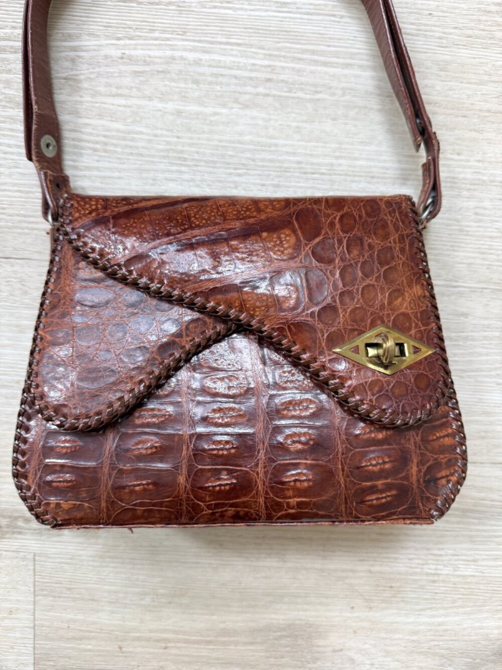 Vintage Real Alligator Handbag Brown Leather Shoulder Bag 40s 50s - Picture 3 of 15